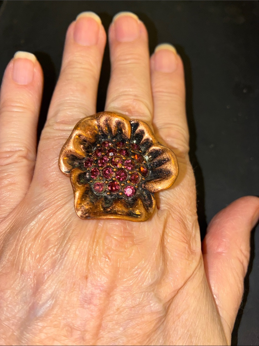 Vintage-Inspired Copper Flower Stretch Ring with Pink Crystal Cluster